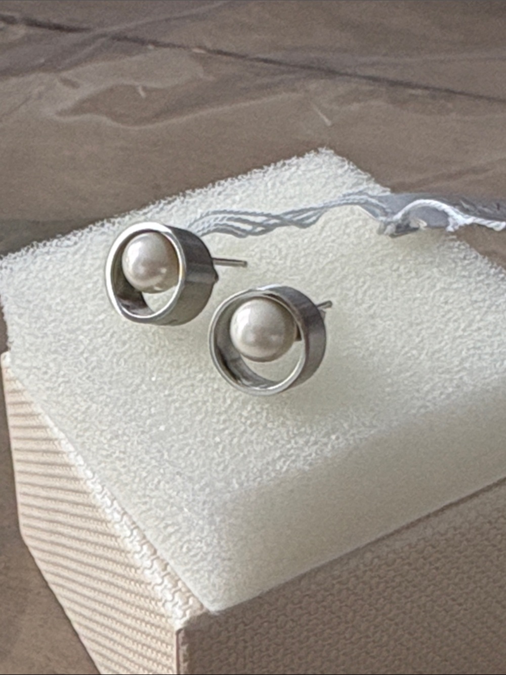 Calvin Klein Stainless Silver Stud Earrings with White Pearls